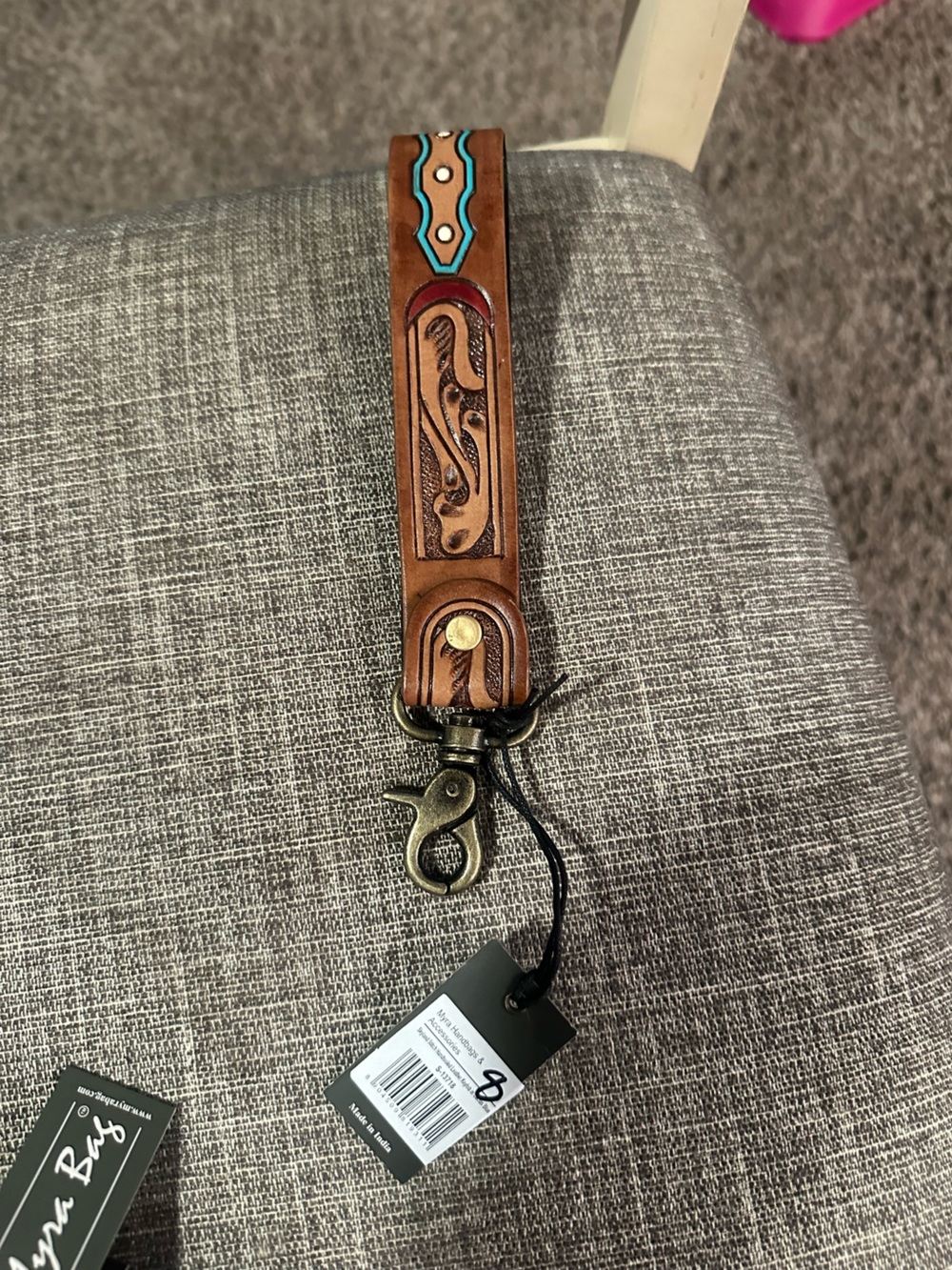 Myra Bag Tooled Leather Key Lanyard in Brown with Turquoise Accent